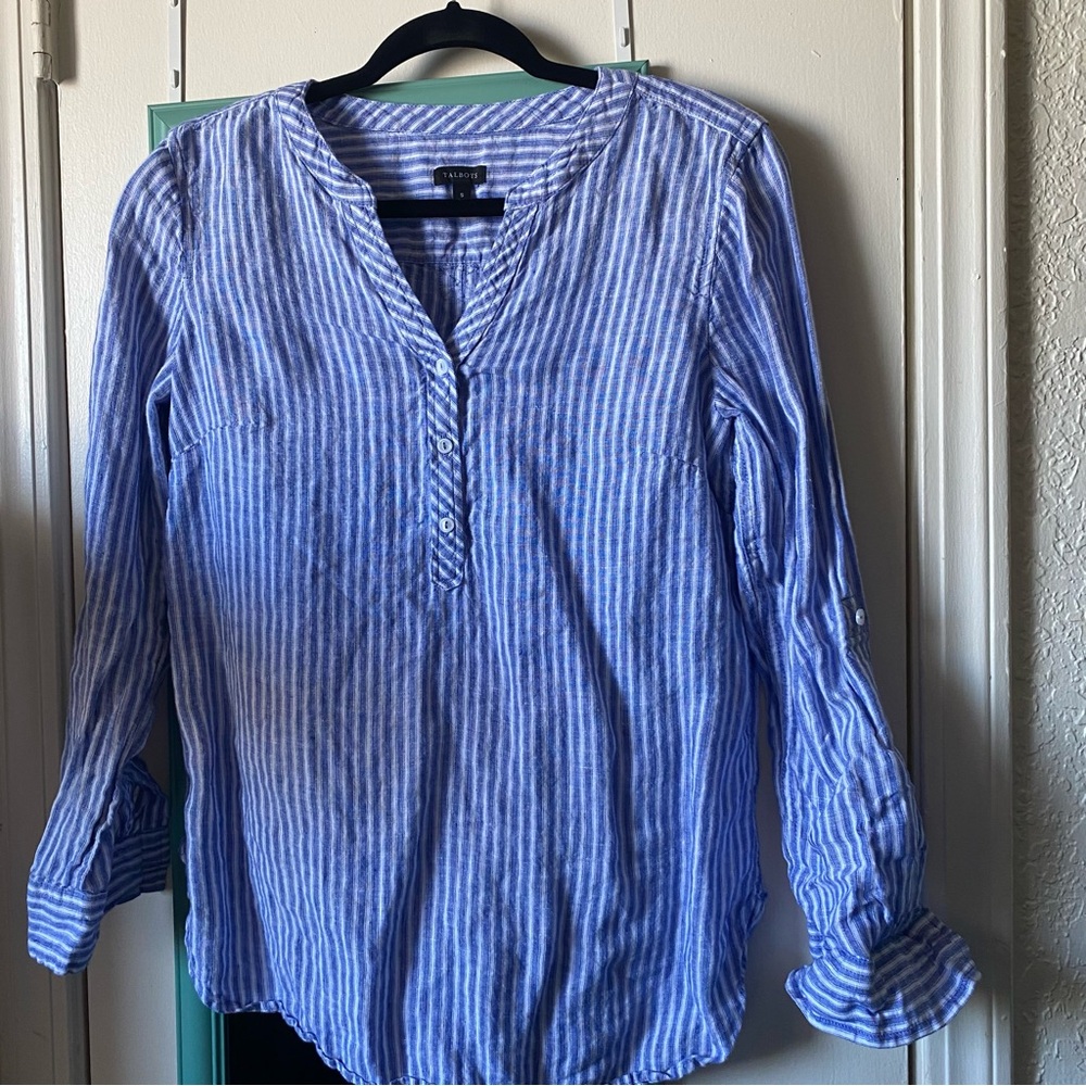 Talbots Linen Striped Popover Blouse size S Small